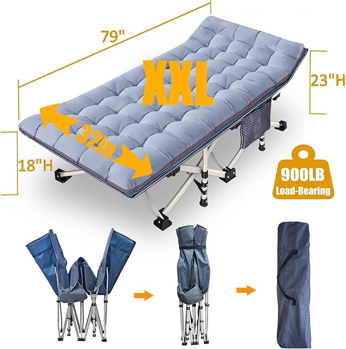 79" L x 32" W x 18" H Oversize Camping Cot with Comfortable Mattress XXL Sleeping Cots for Adults Camping Bed Folding Cot Heavy Duty with Carry Bag for Home Travel Outdoor Indoor
