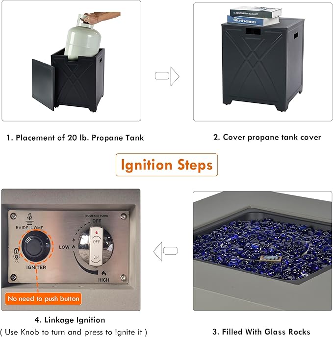 32.5-inch Outdoor Gas Fire Pit with 20lb Propane Tank Cover Table, 50,000BTU Propane Gas Fire Pits for Outside Patio w/Square Burner Lid, Glass Rocks, Pre-Attached 10ft External Gas Hose