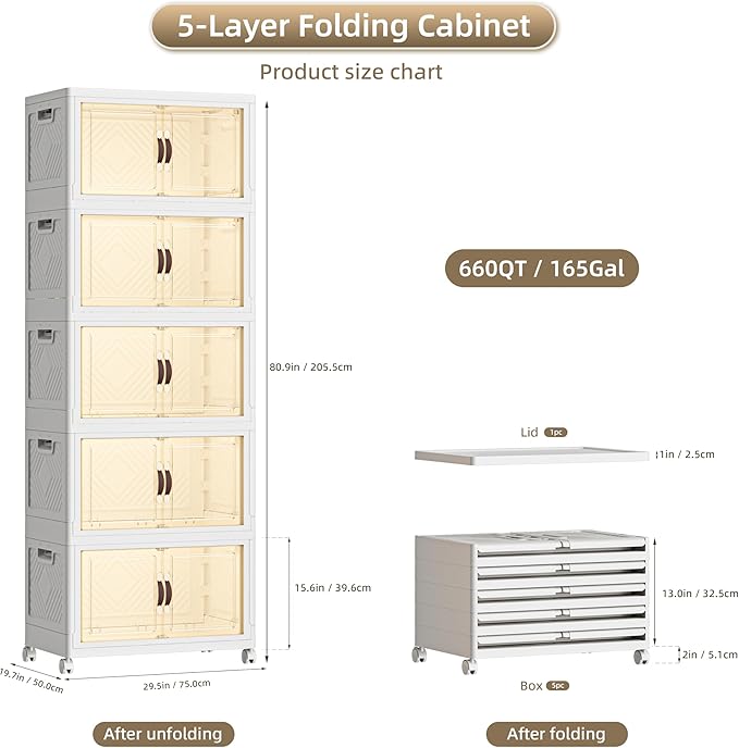 660 QT / 165 Gal Collapsible Storage Bins with Wheels & Magnetic Doors - Stackable Plastic Cabinet Organizer for Home, Garage, Closet (White Space-Saving Containers)