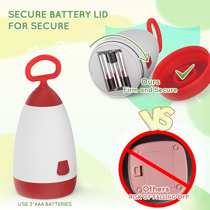 Kids Camping Lantern & Night Light Battery Powered, 360° Eye-Safe Light (AAA Included), IPX4 Waterproof with RGB Modes Portable for Outdoor, Emergency & Bedtime, Gift for Children (Red)