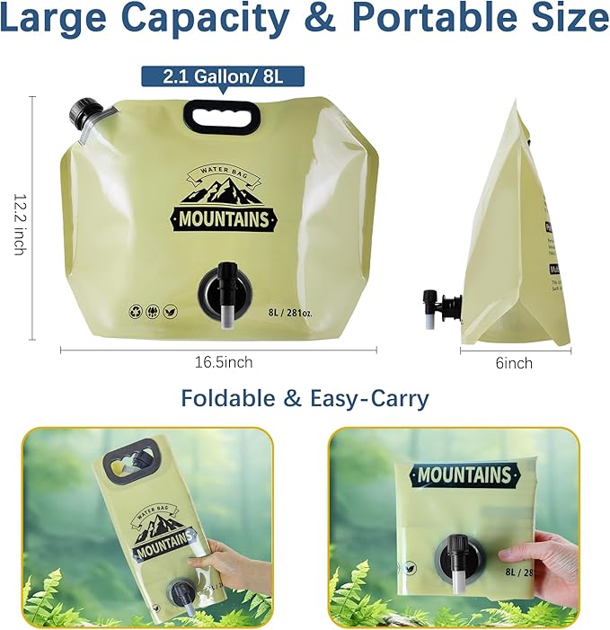 Camping Water Jug 2.1 Gallon Collapsible Water Container Portable Water Bag for Travel Outdoor Hiking BPA Free Lightweight (Beige (2.1Gal), 4)