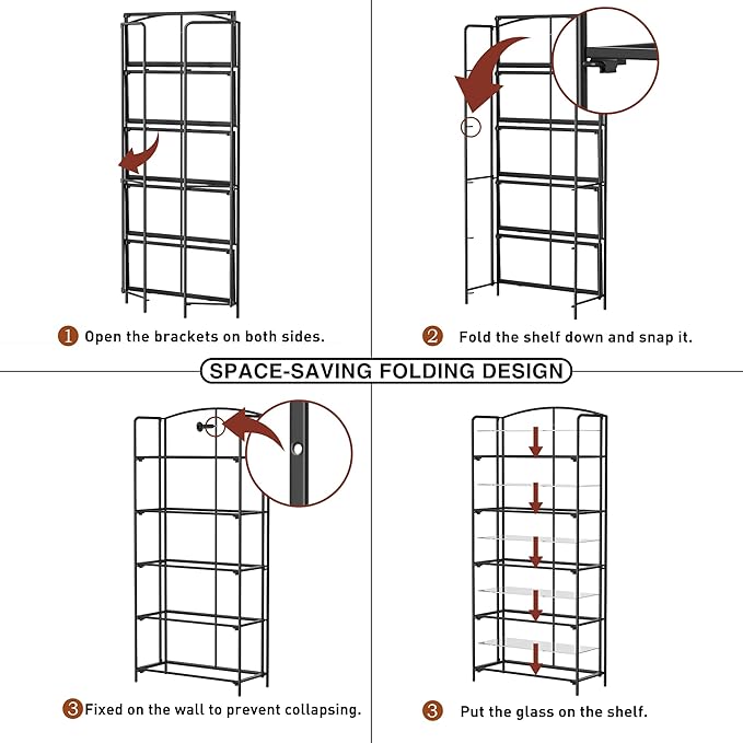Crofy No Assembly Folding Bookshelf for Living Room, 5 Tier Black Collapsible Book Shelf for Home Office, Portable Bookcase Storage Organizer
