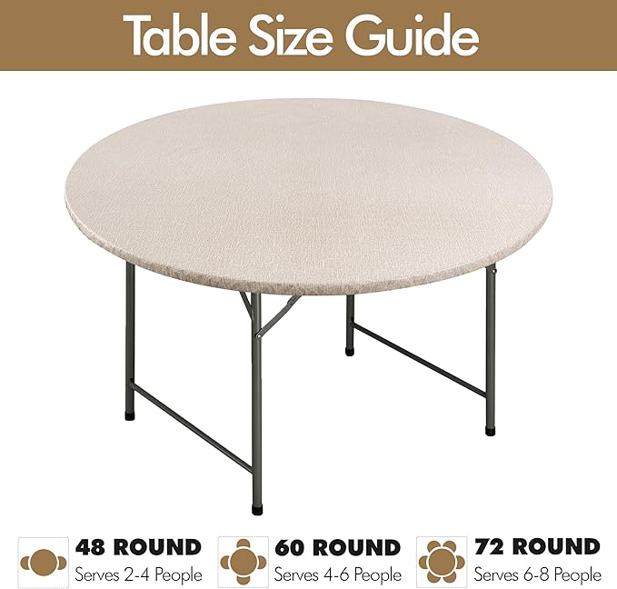 Fitable 2 Pack Faux Linen Round Table Cover with Flannel Backing, Vinyl Fitted Elastic Tablecloth Waterproof Table Cloth for Picnic, Party, Indoor Dining, Nature (Fit for 45"-56" Round Tables)