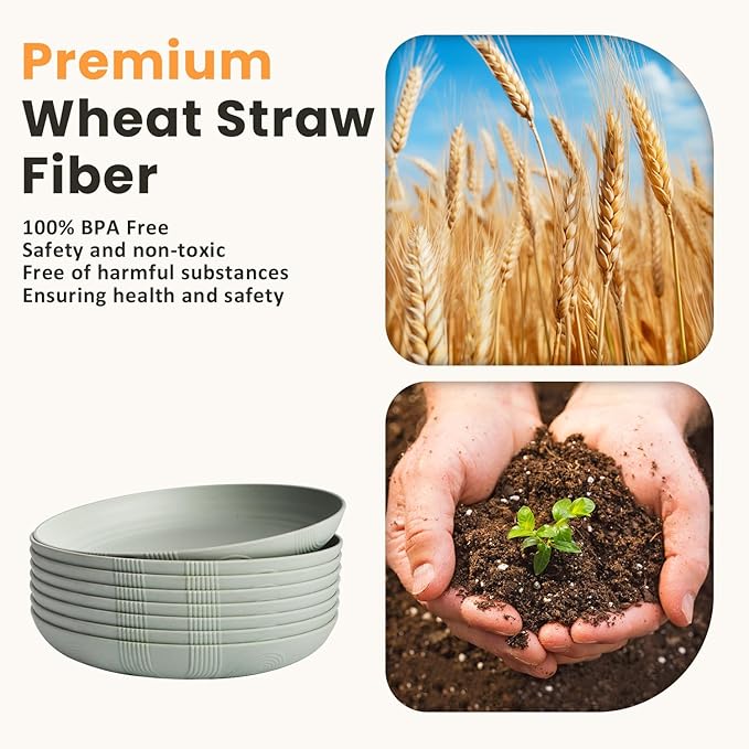 Homienly Wheat Straw Plates, Dinner Plates with Unique Texture Set of 8, Alternative to Plastic Plates, Plate Set for Kitchen, Camping, Unbreakable Microwave and Dishwasher Safe Plate- Light Grey