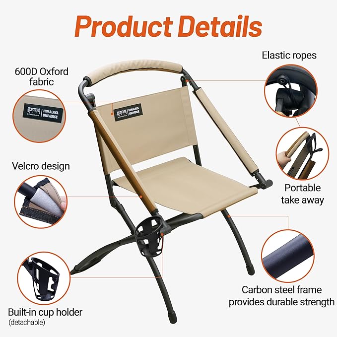 Folding Chair Double-Side Seat, Camping Chair Usable On Both Sides, One Chair Two Heights, Carbon Steel Portable Foldable with Cup Holder for Camp Beach Picnic Patio Sports Brown Beige