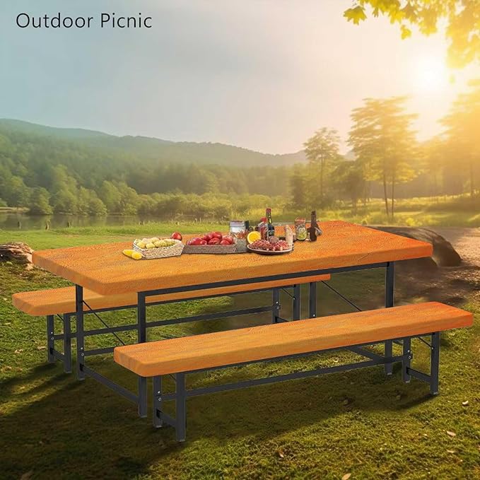 CAPSCEOLL Fitted Picnic Table Cover with Bench Covers with Elastic 8Ft Waterproof Camping Picnic Table Cover Cloths for Outdoors Camping Tablecloth with Drawstring Bag, 96X30in, Burnt Orange
