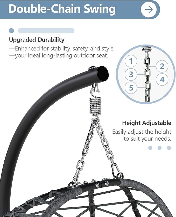 SWITTE Egg Swing Chair with Stand, Outdoor Patio Hanging Egg Chair, Indoor Hammock Chair with Cushion for Garden Backyard, 350LBS Capacity-Dark Grey