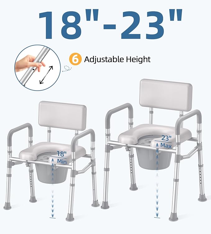 Bedside Commode with Padded Seat and Backrest, Aluminum Commode Toilet with Bucket, Easy Cleaning Portable Toilet for Adults and Seniors, 350 lb Capacity Enhanced Crossbar