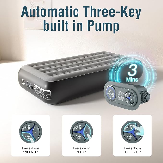 Twin Air Mattress Twin with Built in Pump 13" Double Height Inflatable Mattress with Soft Flocked Top & Carry Bag Adjustable Blow Up Mattress Portable Air Bed for Guest Indoor Travel-Black