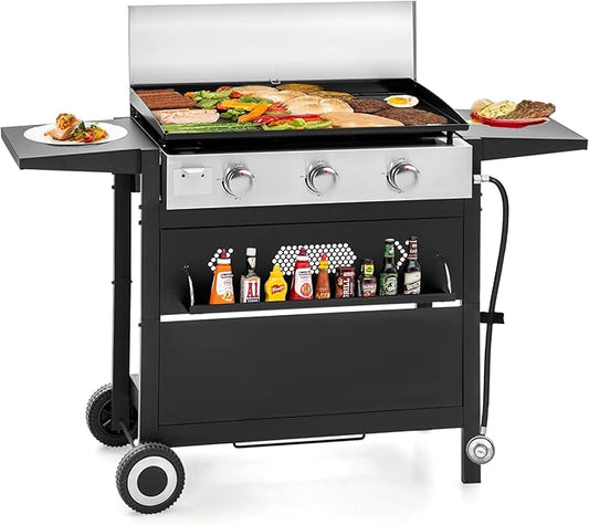 GREEN PARTY 3 Burner Propane Gas Griddle with Removable Standing Cart, Convertible to Tabletop Design, 27 inch Flat Top Grill for Outdoor Cooking Camping Tailgating Barbecue