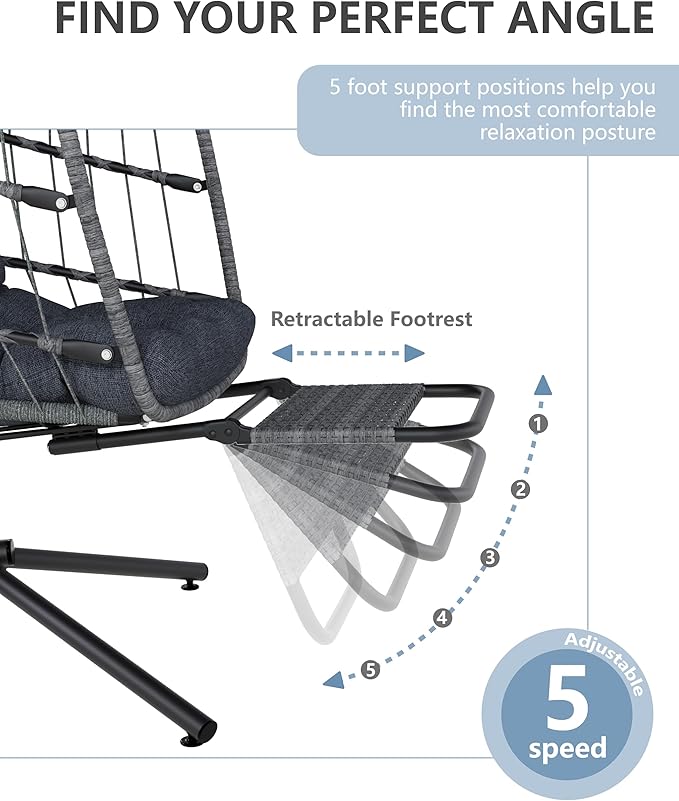 SWITTE Egg Chair Outdoor with Footrest & Stand, Indoor Wicker Hanging Egg Swing Chair with Cushion for Patio, Bedroom, Garden - Dark Gray