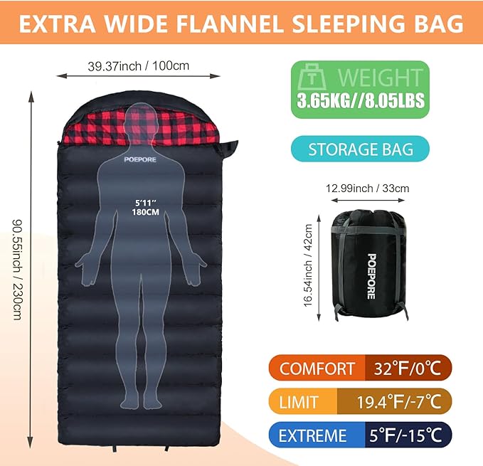 0 Degree Sleeping Bag 100% Cotton Flannel XXL Cold Weather Winter Oversized Sleeping Bag for Adults Camping Zero Degree Big and Tall with Compression Sack