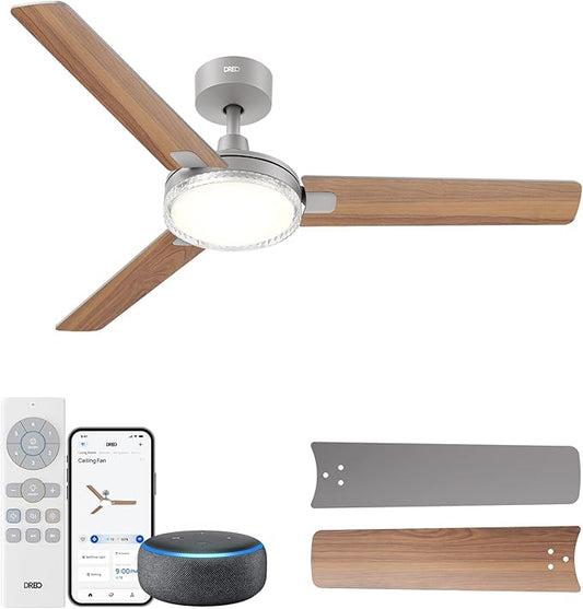 Dreo Smart Ceiling Fans with Lights, 52 Inch Grey Ceiling Fan, 12 Speeds & 3 Fan Modes, Stepless Color Tones, Dimmable LED Light, 1-12H Timer, Quiet DC Motor, Remote/APP/Alexa/Wall Switch Control