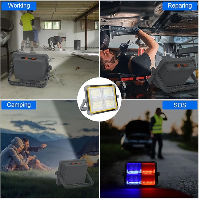 ERAY Rechargeable LED Work Light, Portable Worklight with Dual Solar Panels & 9000mAh Battery, Solar Camping Lights, 4 Lighting Modes Work Lights for Outdoor Emergency Building Car Repairing（Grey