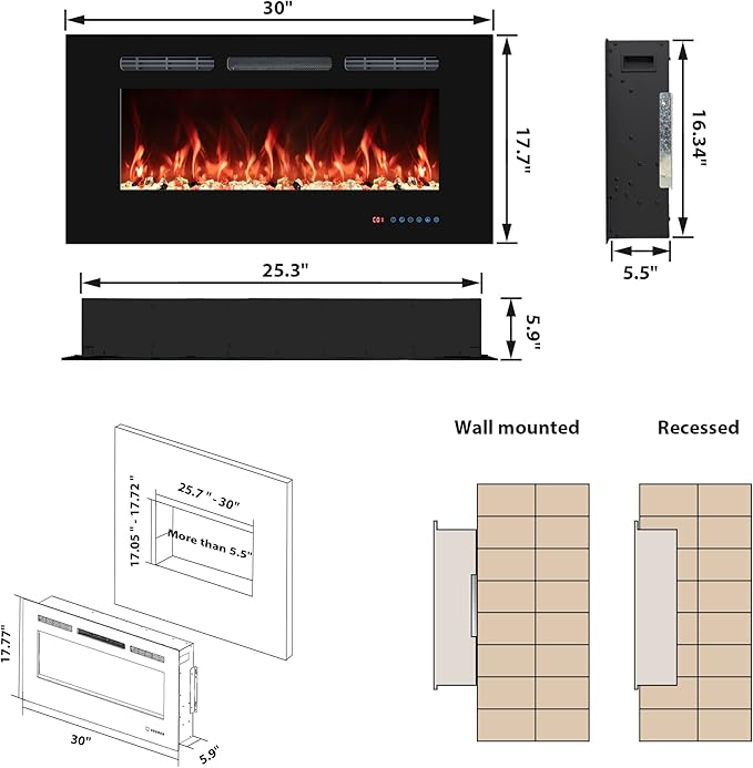 30" Electric Fireplaces Inserts, Recessed & Wall-Mounted Fireplace Heater with Thermostat, Multicolor Flames,Timer, Log & Crystal, 750/1500W