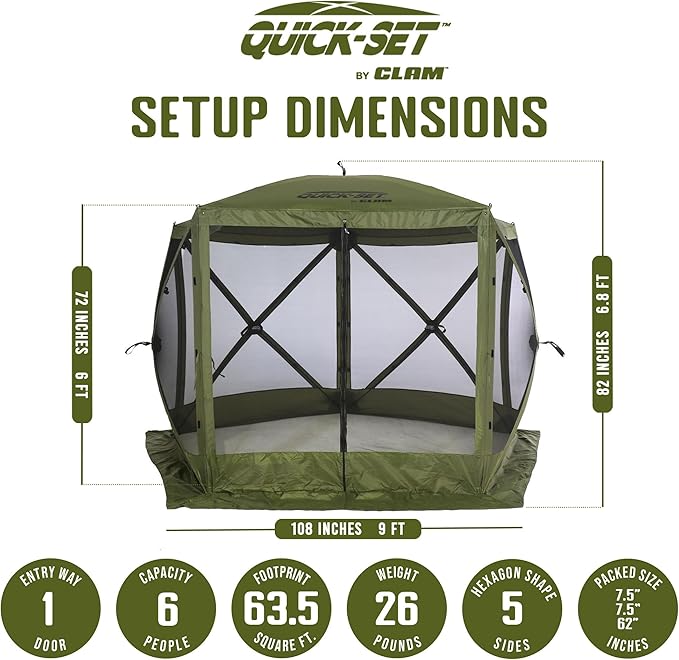 CLAM Pop Up Screen Tent, Outdoor Camping Gazebo Canopy, Venture, 9' x 9', Green