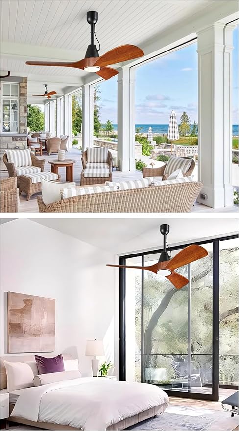 3 Blades Wood Outdoor Ceiling Fan with Light for Patios, Farmhouse Rustic Ceiling Fans with Lights, 42" Plug-in Wet Rated Outdoor Gazebo Fan for Exterior House Porch Patio, Waterproof,F245