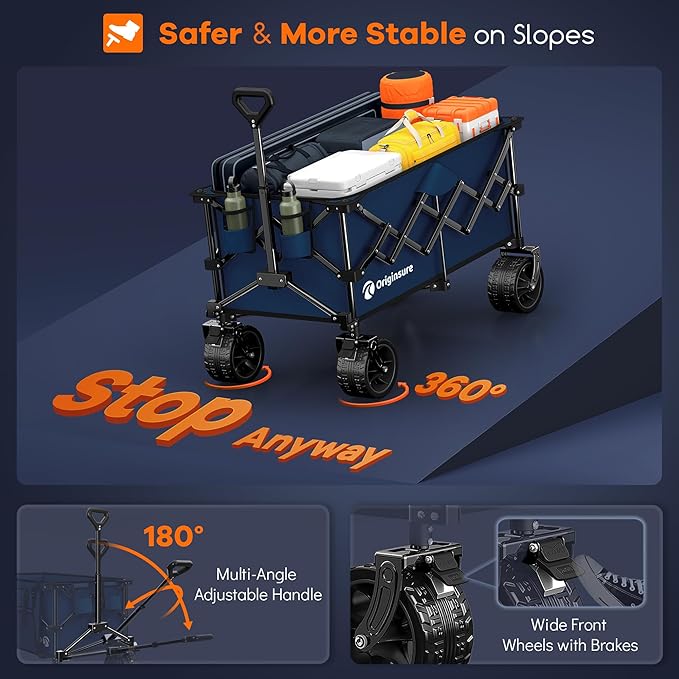 220L Collapsible Wagon Cart Foldable, 460LB Load Capacity Heavy Duty Folding Beach Wagons with Big All-Terrain Wheels, Utility Carts for Groceries, Shopping, Camping, Sports - Blue