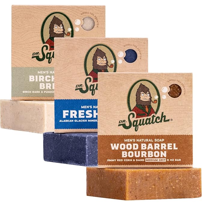 Dr. Squatch Natural Bar Soap for Men - Cold Process Soap with No Harsh Chemicals - Wood Barrel Bourbon, Fresh Falls & Birchwood Breeze (5 oz, 3-Pack)