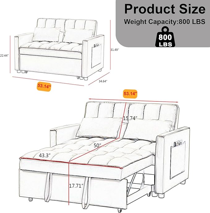 53.14" Velvet Convertible Sleeper Sofa Bed with Adjustable Backrest & Side Pocket, Pull-Out Loveseat Futon Couch for Small Spaces, Solid Wood Frame, Easy Assembly, 3-in-1 Sofa Bed for Living Room