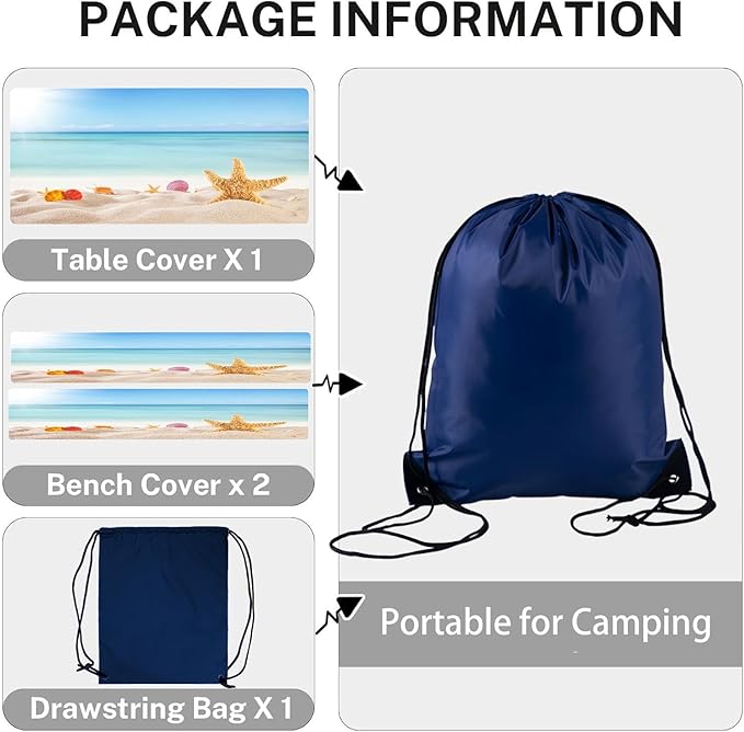CAPSCEOLL Picnic Table Cover with Bench Covers 8Ft Waterproof Camping Tablecloth All-Weather Outdoor Table Protector with Drawstring Bag for Camping Essentials, 96X30In, Sea Beach