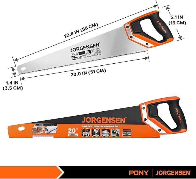 JORGENSEN 20 Inch Pro Hand Saw, 11 TPI Fine-Cut Ergonomic Non-Slip Aluminum Ultrasonic Welding Handle for Sawing, Trimming, Gardening, Woodworking, Drywall, Plastic Pipes