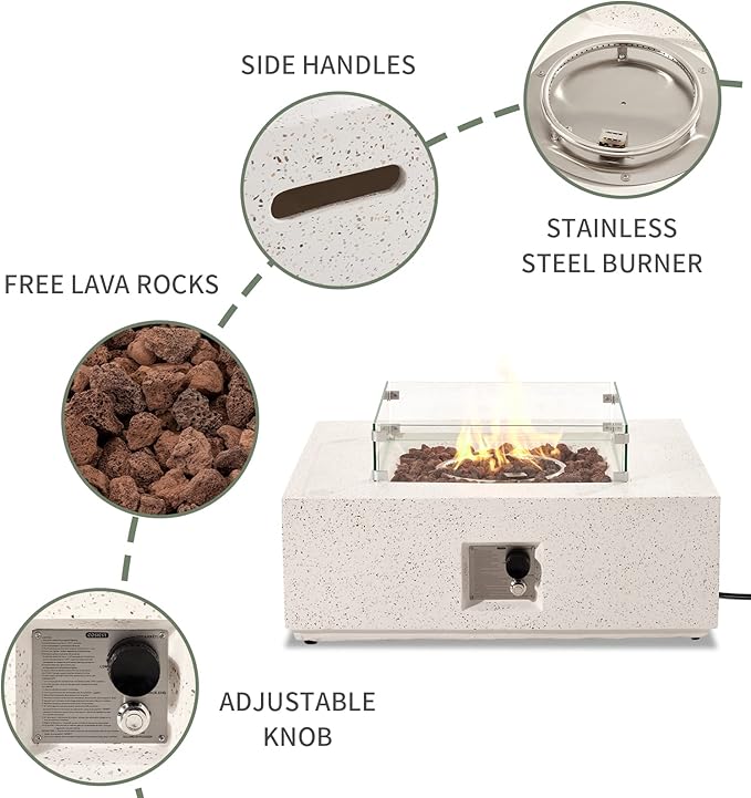 COSIEST Square Outdoor Sandstone Propane Fire Pit w Wind Guard, CSA Certified, 50,000 BTU Stainless Steel Burner, 35-inch, Free Lava Rocks and Rain Cover, Tank Outside, Metal Lid