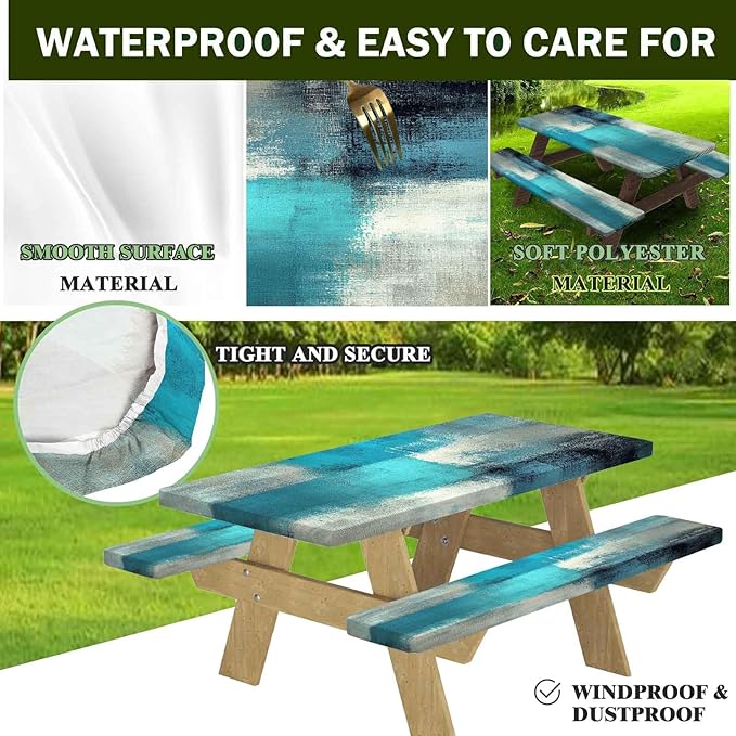 CAPSCEOLL Elastic Picnic Table Cover with Bench Covers 5Ft Waterproof Fitted Picnic Table Cover Cloths for Outdoors Camping Tablecloth with Drawstring Bag, 60X30in, Blue White