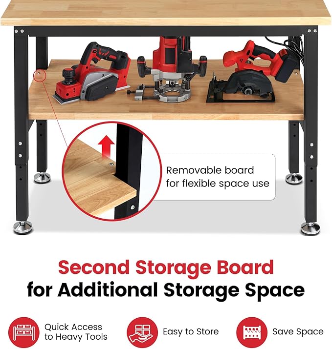 Adjustable Height Work Bench 48 x 20 Workbench for Garage Work Table with Under Table Shelf for Shop Woodworking, Heavy Duty Rubber Wood Top for Office, Home, Commercial