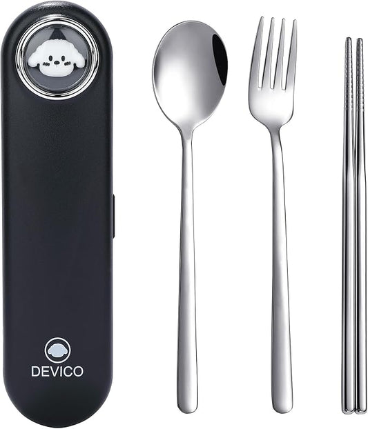 DEVICO Travel Utensils with Case Cute, Reusable Silverware for Lunch, Portable Cutlery Set, 18/8 Stainless Steel Fork Spoon Chopsticks in Cartoon Case, Dishwasher Safe (Black)