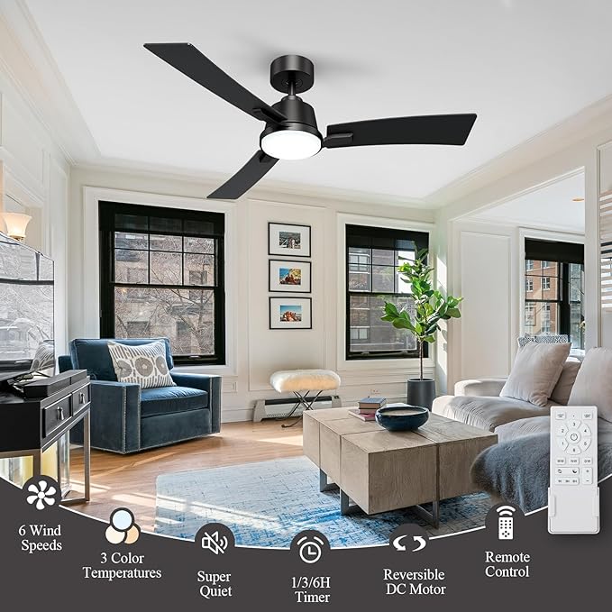 52 Inch Ceiling Fans with Lights,Low Profile Ceiling Fan,Modern Flush Mount,Reversible 6 Speeds,3CCT Dimmable Noiseless Black Ceiling Fans for Living Room,Bedroom and Patio,ETL Listed