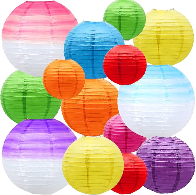 14 PCS Gradient Seven Color Round Paper Lanterns - Chinese Tissue Hanging Decorative for Indoor Room & Outdoor Party Supplies Decoration