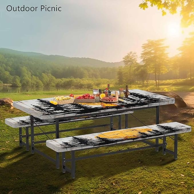 CAPSCEOLL Fitted Picnic Table Cover with Bench Covers with Elastic 8Ft Waterproof Picnic Table Cloths Windproof Outdoor Camping Tablecloth with Drawstring Bag, 96X30in, Camping on Wood