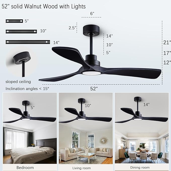 52" Ceiling Fans with Lights with Remote Control Ceiling Fan, 3 Wood Blades, Solid Wood Ceiling Fan Indoor Outdoor for Dining Room, Living Room, Farmhouse, etc. (Black)…