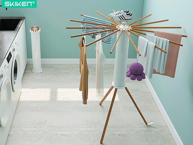 Cylinder Tripod Clothes Drying Rack - 16 Expandable Rods | Standing Octopus Drying Rack Clothing | Space Saving Master | Collapsible Compact for Laundry Room Household & Indoor | Solid Wood