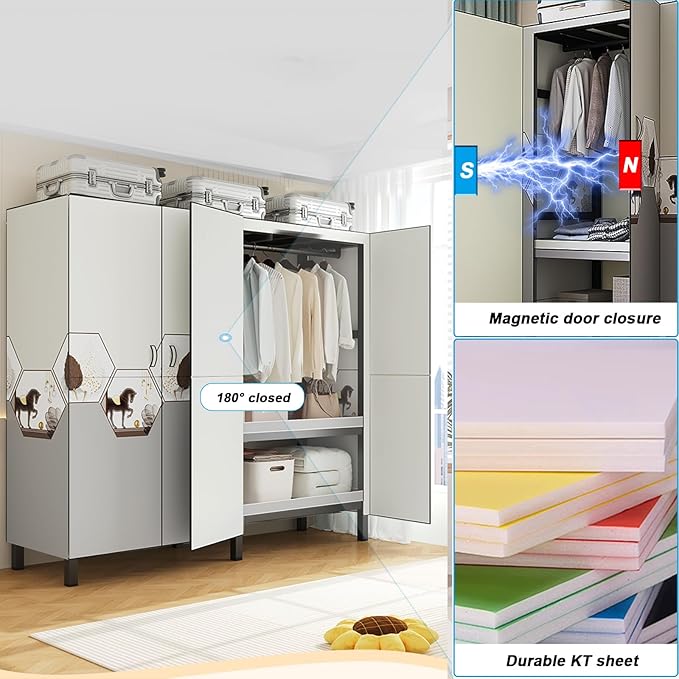 FPIGSHS Heavy Duty Clothes Rack with Magnetic Door 2000LBS Foldable Portable Wardrobe Closet for Hanging Clothing Rolling Garment Rack on Wheels for Bedroom Closet System (C(Pattern Door, 33.4in)