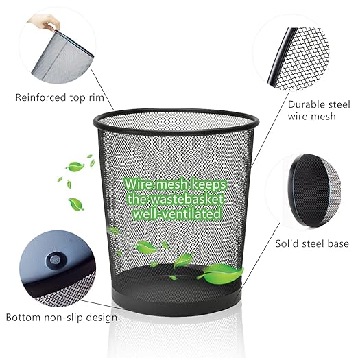 Black Mesh Trash Cans, 10-Pack 6 Gal Mesh Office Trash Can, Open Metal Wire Wastebaskets, Waste Basket Trash Can for Near Desk,Recycling Garbage Container Bin for Office,Home,School