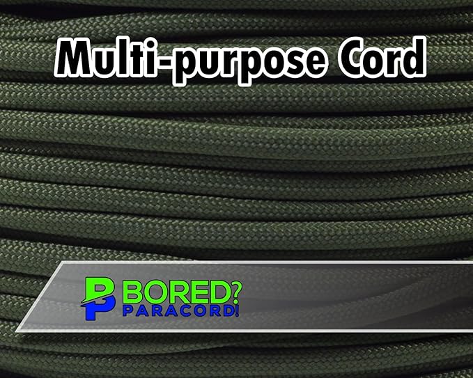 BORED? PARACORD! 550 lb Paracord - Ideal for Crafting, Camping, DIY Projects, Active & Military Outdoors - Strong Survival Rope - Tactical Parachute Cord Type III - Moss 50 Feet