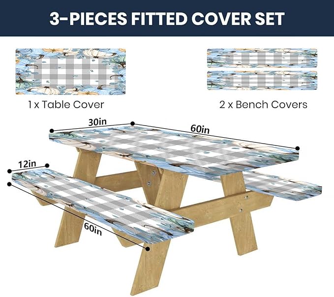 CAPSCEOLL Elastic Picnic Table Cover with Bench Covers 5Ft Waterproof Fitted Picnic Table Cover Cloths for Outdoors Camping Tablecloth with Drawstring Bag, 60X30in, Blue Pumpkins