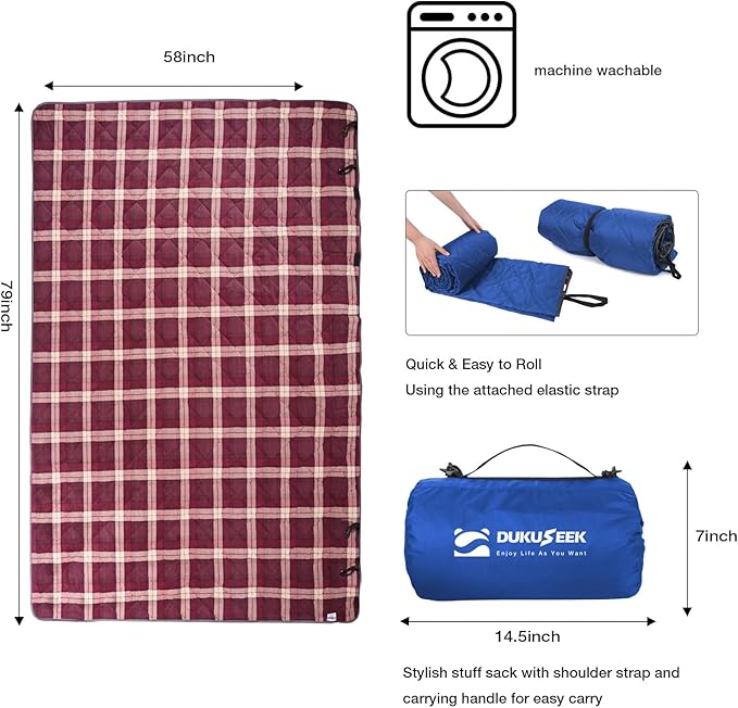 DUKUSEEK Waterproof Camping Blanket with Thick Fleece, Large Outdoor Blanket Windproof with Foldable Hood for Camping Stadium Sporting Events,79"x 58"…