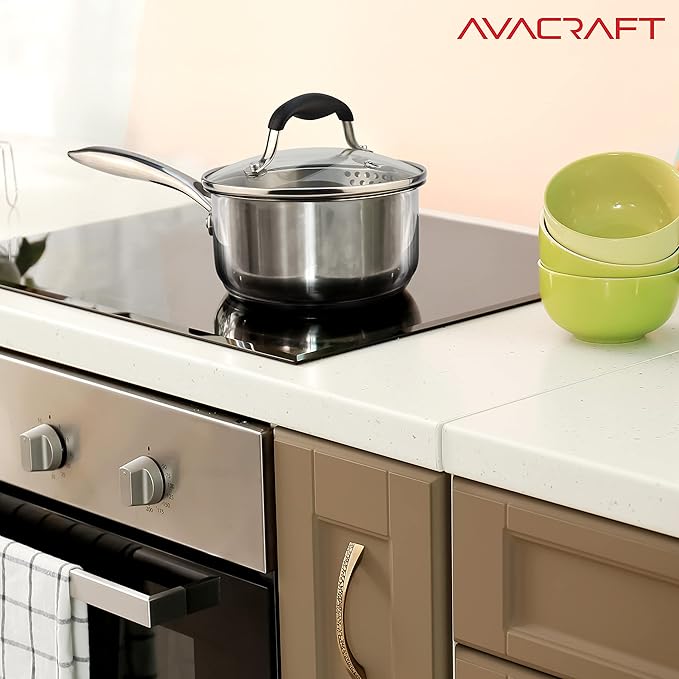 AVACRAFT Multipurpose Sauce Pan/Pot, Stainless Steel with Glass Strainer Lid, Two Side Spouts for Easy Pour with Ergonomic Handle (5-Ply Capsule Bottom, 1.5 Quart)