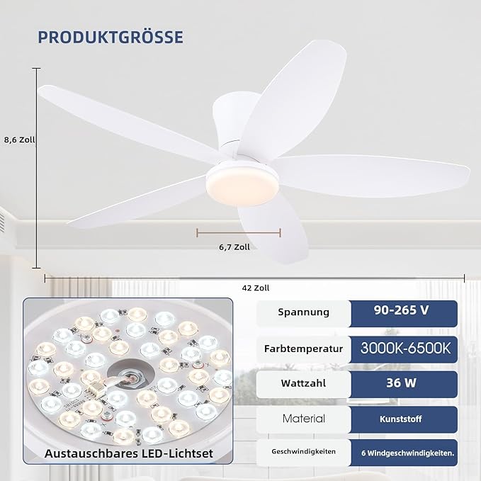 42" Ceiling Fans with Lights-Low Profile Ceiling Fan with Light and Remote/APP Control,Flush Mount,DC Reversible,LED Dimmable Modern Ceiling Fans for Bedroom,Indoor/Outdoor Patio Use(White)