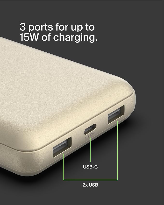 Belkin Portable Charger, USB-C Power Bank 20000 mAh w/ 2xUSB-A Ports, 15W w/Type-C to Type-A Cable for iPhone 17, Air, Samsung Galaxy S25, Pixel, iPad, Nintendo Switch 2, Google Pixel 10, etc. - Gold
