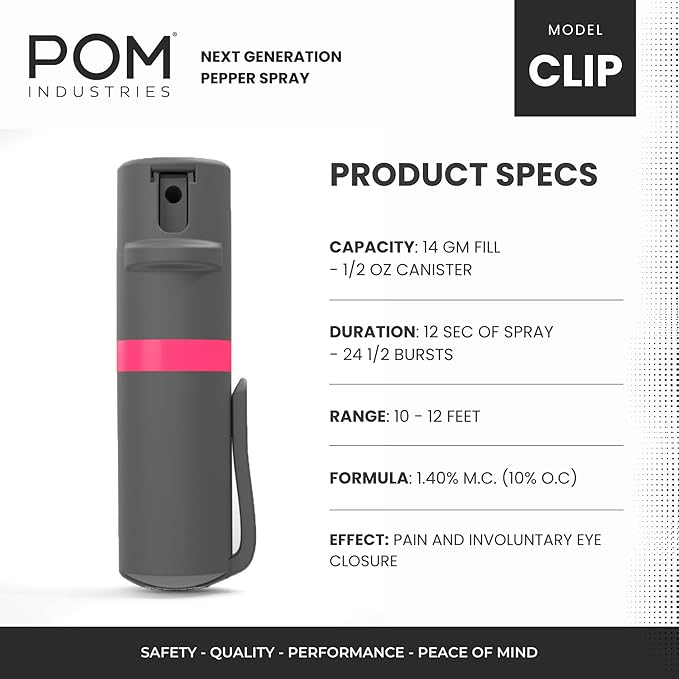 POM Pepper Spray Pocket Clip, Quick Flip Top Safety, Maximum Strength OC Formula with UV Marking Dye, Safe Compact and Tactical Design for Everyday Carry, 25 Bursts, 10 ft Range, 0.5 fl oz