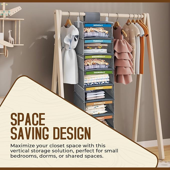 7 Shelves Hanging Closet Organizer, a Shelf for Every Day of The Week, Foldable Hanging Storage with Side Pockets, Clothes Storage for Bedroom, Weekly Clothes Organizer for Kids