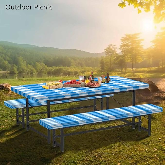 CAPSCEOLL Fitted Picnic Table Cover with Bench Covers with Elastic 8Ft Waterproof Camping Picnic Table Cover Cloths for Outdoors Camping Tablecloth with Drawstring Bag, 96X30in, Blue Checkered