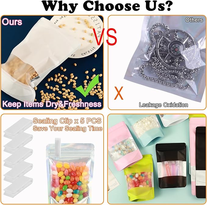 200 Pcs Mylar Bags for Food Storage 4x6 Mylar Bag with Window, Stand Up Holographic Resealable Bags for Food, Smell Proof Bag Freeze Dried Candy Sealable Pouch Jewelry Bracelet Packaging