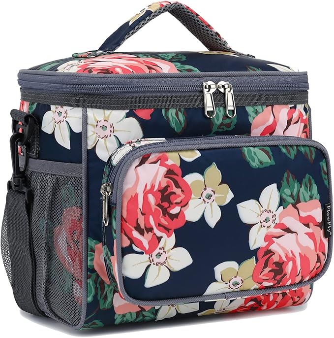 FlowFly Insulated Reusable Lunch Bag Adult Large Lunch Box for Women and Men with Adjustable Shoulder Strap,Front Zipper Pocket and Dual Large Mesh Side Pockets,Peony