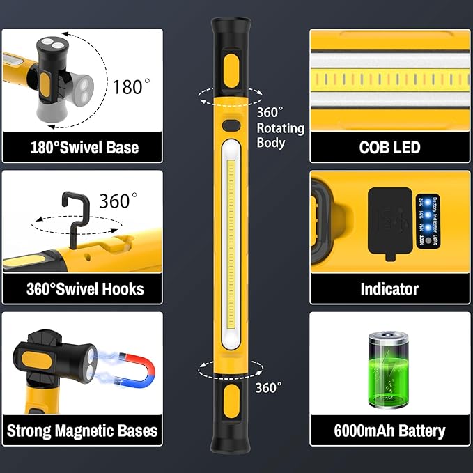 ERAY Cordless Underhood Work Light, 6000mAh/3000LM Rechargeable Worklight with Hook, 3 Modes, 180° Rotatable, Mechanic LED Work Lights for Car Repairing Outdoor Emergency Inspection