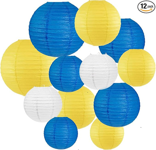 12Pcs Blue and Yellow Party Decorations Hanging Round Paper Lanterns Assorted Sizes (8" 10" 12") for Graduation Birthday Wedding Dinner Party Baby Shower BBQ Decor (Blue Yellow White)